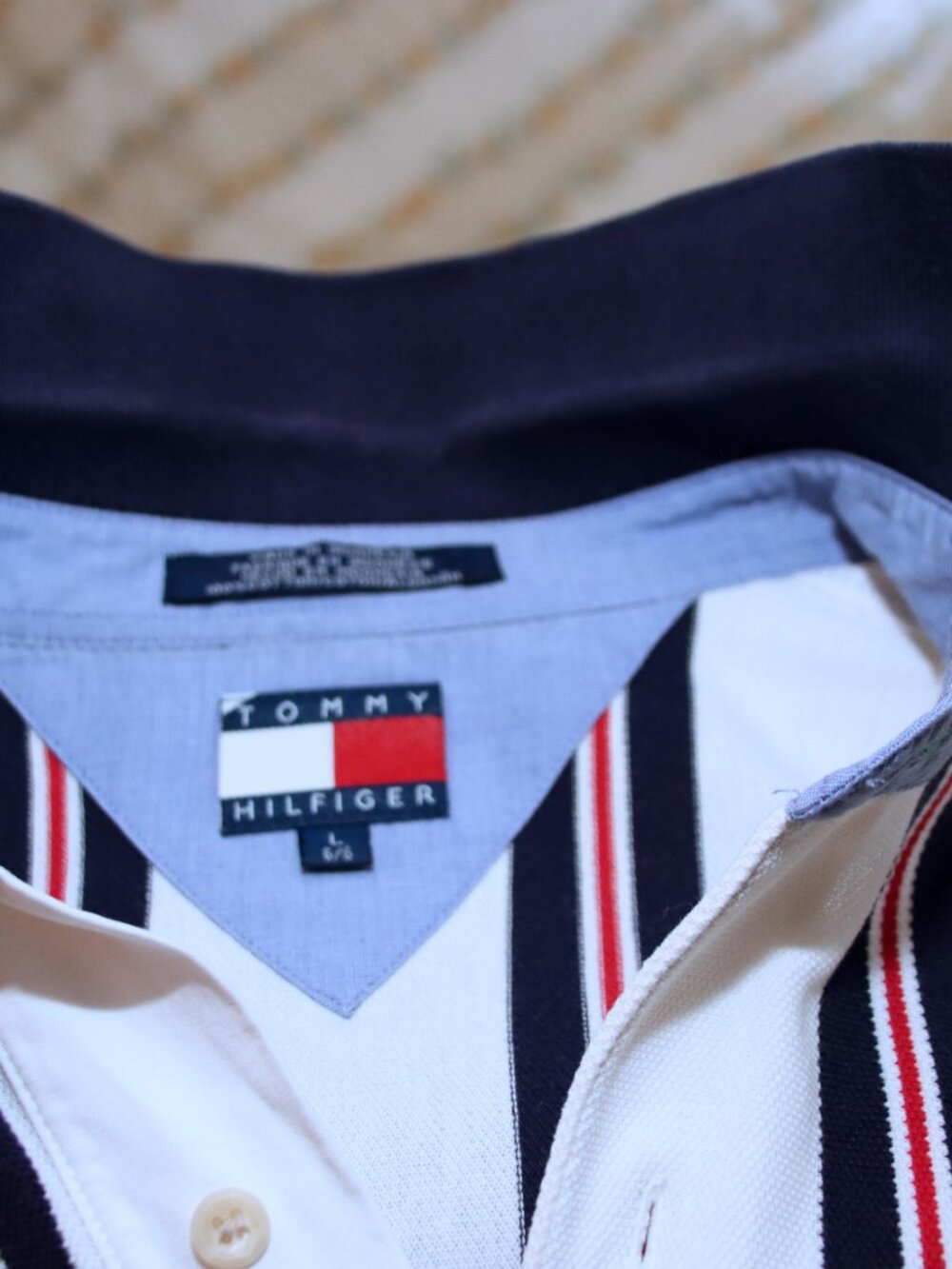Men's TOMMY HILFIGER 100% Cotton Polo, Size L, Red White Blue Stripe, Like New - Picture 5 of 6